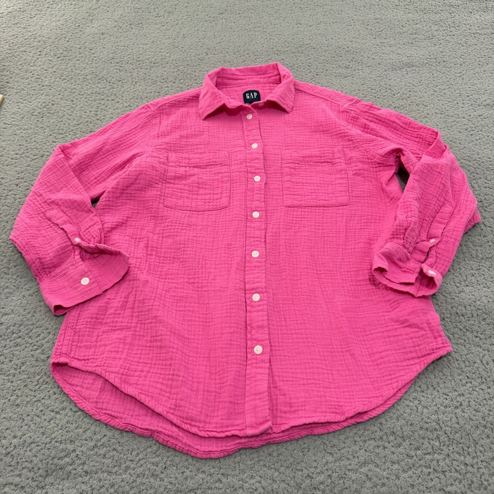 GAP Button Down Shirt Womens XS Pink Cotton Crinkle Gauze Long Sleeve Relaxed